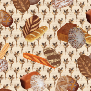 A pattern of wheat stocks in background with many different artisan bread loafs in a second pattern on top.