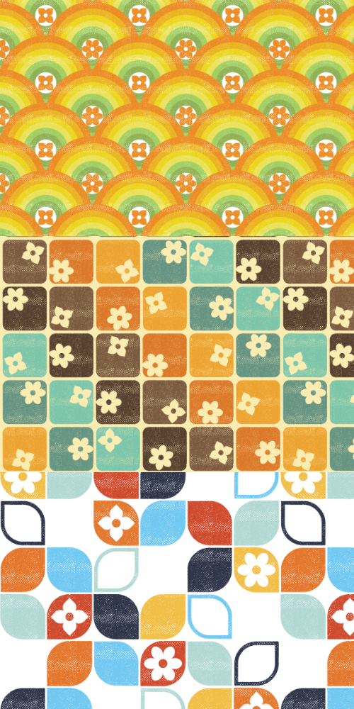 Three different patterns of flowers in a 70s retro design and retro orange color pallets